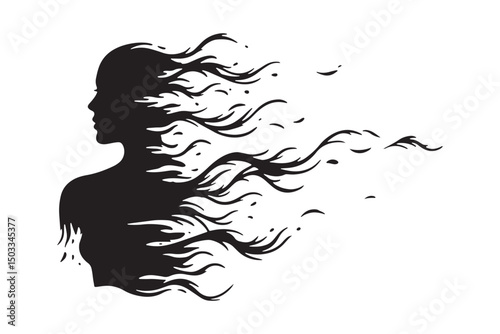 Abstract female silhouette dissolving into flowing particles with artistic hair effect in vector design