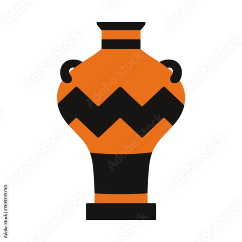 Illustration of an ancient Greek vessel with bold zigzag patterns and a tall base in traditional black and orange colors. Ideal for use in historical, archaeological, or cultural heritage projects.