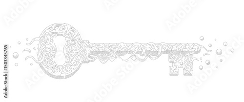 Ornate Vintage line drawn Skeleton Key Silhouette Vector Design Art