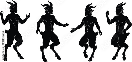 Vector Silhouette Illustration Four Dynamic Satyr Poses