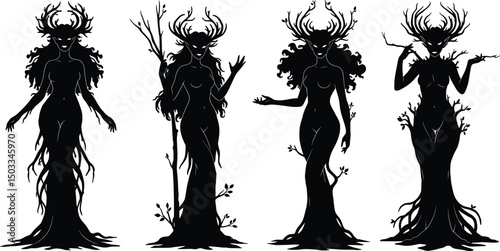 Elegant Silhouette Illustration Vector Art of Forest Nymphs