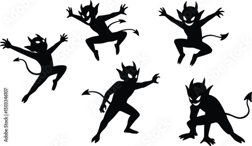 Playful Devil Silhouettes Vector Illustration Set