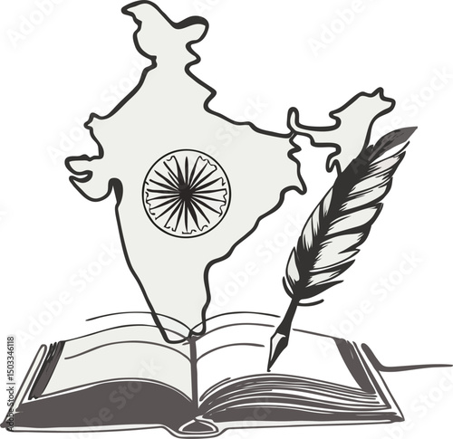 A symbolic animation portraying an open book, feather pen, and the map of India—illustrating the literary spirit and cultural influence of Rabindranath Tagore. Perfect for use in educational, poetic, 