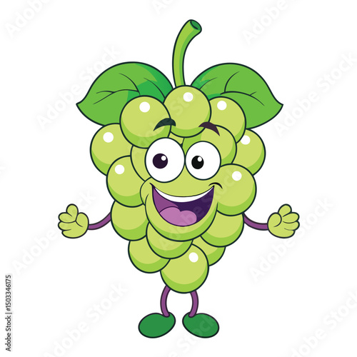 Animated green grape character smiles cheerfully, winking playfully with outstretched arms, ready to embrace