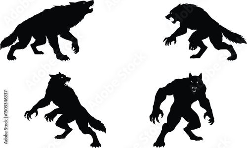 Werewolf Silhouette Illustration Vector Pack of Four Powerful Poses