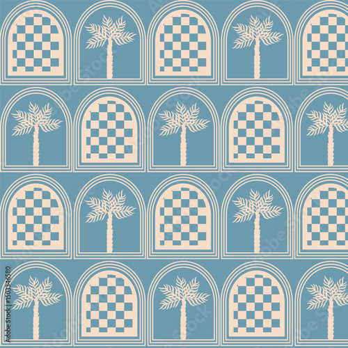 Mobile Summer  seamless pattern tropical  palm tree with in arch modern vector summer  geometric print for wallpaper, textile design , repeat background .
