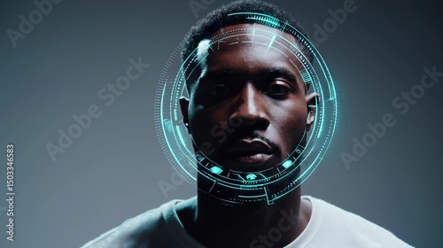 Futuristic Facial Recognition Technology Scanning African American Man with Digital Interface and Biometric Security HUD