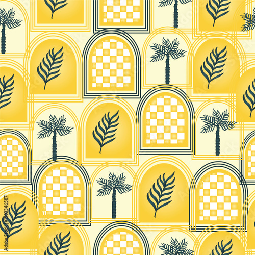 Mobile Summer  seamless pattern tropical  palm tree with in arch modern vector summer  geometric print for wallpaper, textile design , repeat background .