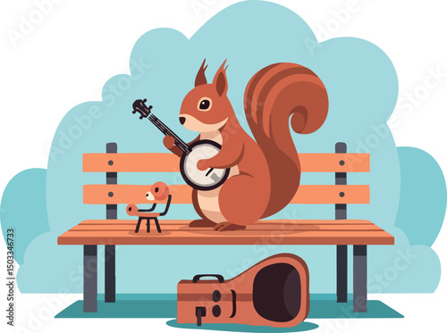Squirrel playing banjo on park bench with bird listening outdoor vector illustration