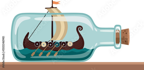 Viking ship in bottle illustration with sail and oars on wooden surface vector