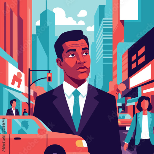 Businessman walking in busy urban city street with skyscrapers and traffic in background