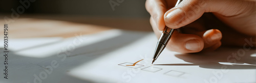 Filling Out Form with Pen Checking a Box Close Up