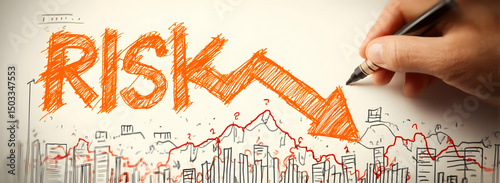 Drawing Risk Concept with Downward Arrow and City Sketch