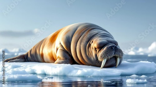 A massive walrus sleeping with tusks tucked against its body on a floating ice shelf, icy wind blowing softly across its thick skin
