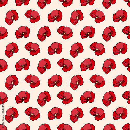 Seamless pattern of hand drawn poppy flowers on isolated background. Design for springtime, mother’s day, scrap booking, nursery decor, home decor, paper crafts, invitation design. 