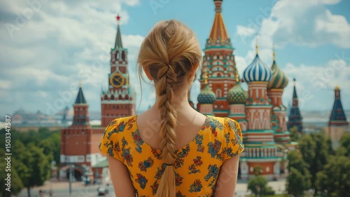 Woman admiring Saint Basil's Cathedral, Moscow, Russia, for travel blogs