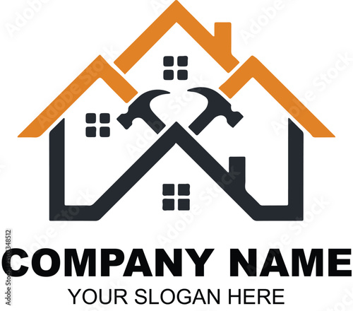 Bold Construction Logo template with Crossed Hammers and Roof Symbol