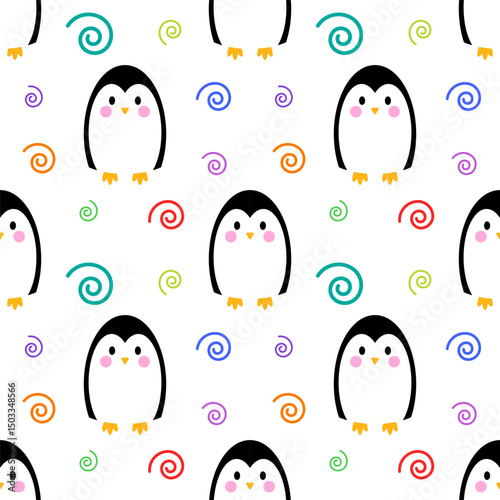 Cute seamless pattern with penguins and spirals on white background. Design for children. Seamless texture for print, textile, fabric