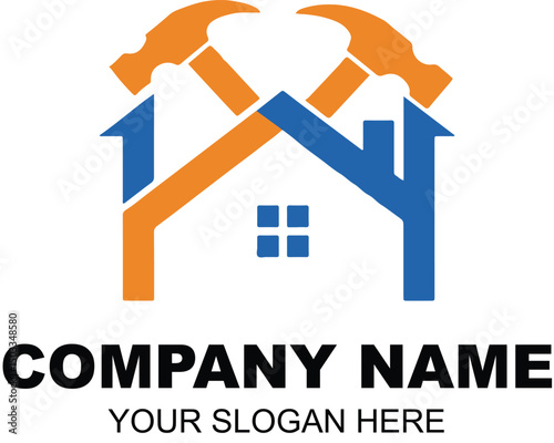 Striking Construction Logo template with Crossed Hammers and Roof Symbol