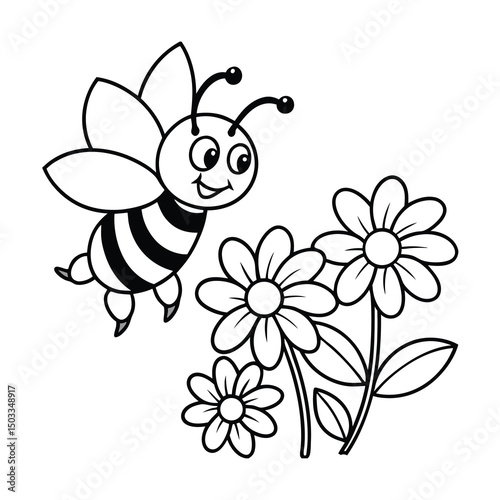cute cartoon bee flying over flowers coloring page 