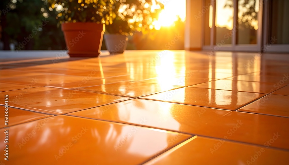 Fototapeta premium Orange Ceramic Tile Floor Reflecting Sunset Light.tile, contemporary, elegant, flooring, glossy, gold, luxury, minimalist, property, real estate, residential, shiny, smooth,
