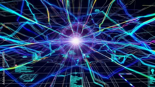 Abstract Digital Technology Network with Glowing Central Core and Futuristic Cyber Grid Visualization