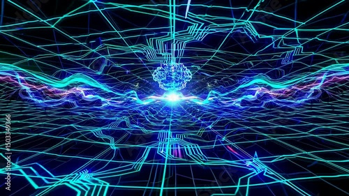 Futuristic Holographic Data Network with Glowing Neon Grid Lines and AI Visualization Interface