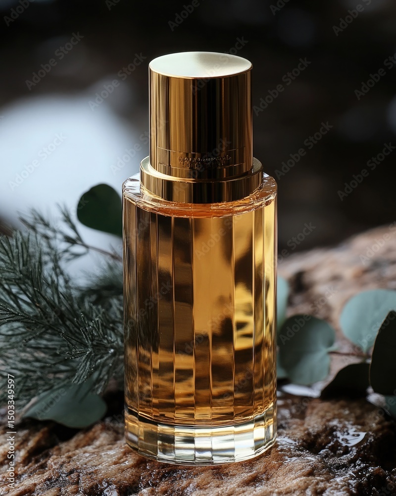 Fototapeta premium Luxurious golden perfume bottle on wooden surface