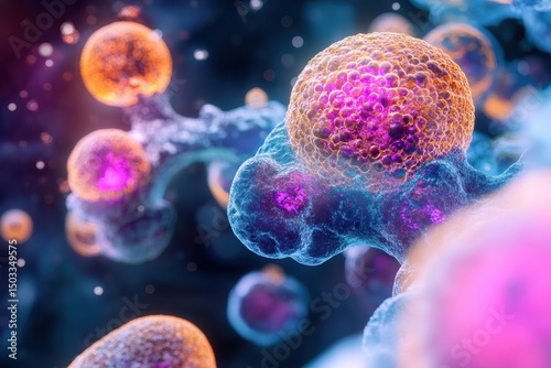Vibrant depiction of viral particles illuminated in a digital environment showcasing intricate details of their structure and color variations