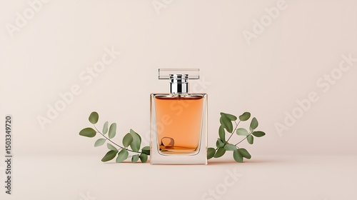 Amber Perfume in Glass Bottle with Eucalyptus Leaves on Beige Background