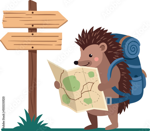 Hedgehog backpacker holding map by wooden signpost exploring nature adventure vector