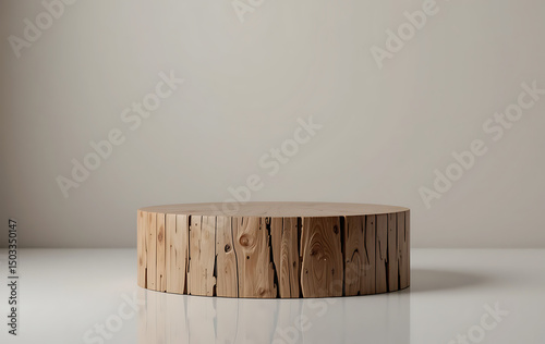 Cylindrical wooden podium with realistic texture and soft reflection on neutral background, perfect for natural product display scenes.

