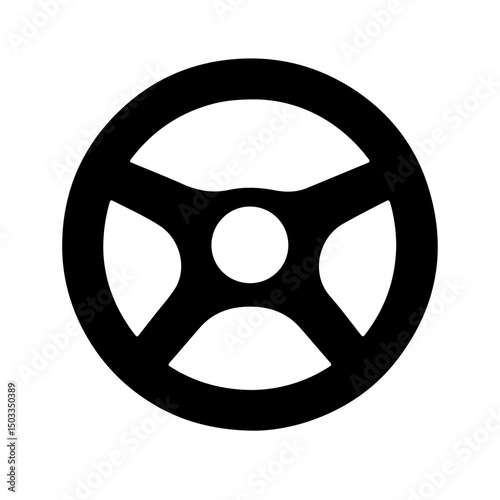 A black illustration of a steering wheel, simple and bold.