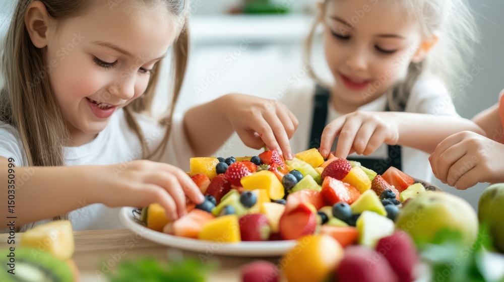 Two Little Girls Joyfully Preparing a Colorful Fruit Salad Together Two Little Girls Joyfully Preparing a Colorful Fruit Salad Together