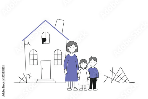 Aftermath of disaster, family with kids near broken home, vector art, crisis situation, insurance or aid theme