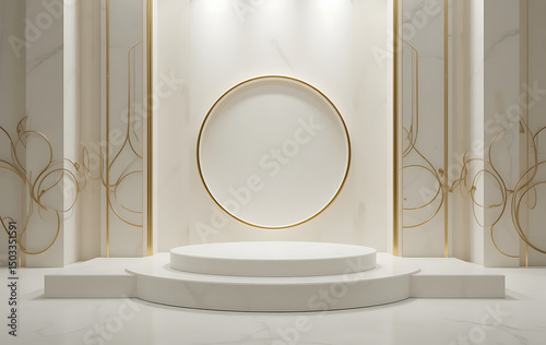 Stylish minimalist design featuring an off white podium with elegant golden ring elements, perfect for luxury product displays and branding.