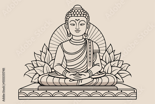 Golden Buddha statue silhouette, a religious sculpture from Asia, meditating peacefully