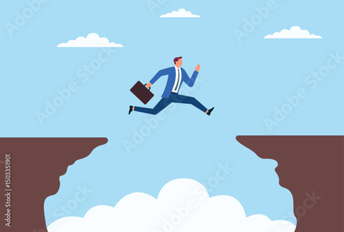 Vector illustration of a businessman boldly jumping from one mountain peak to another, symbolizing ambition, risk-taking, and the pursuit of success in the business world
