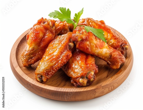 Baked chicken wings on a wooden plate, isolated against a white background. photo