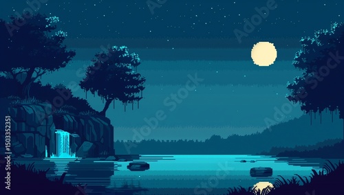 Pixel art, a minimalistic side view of a night forest lake with a waterfall and moon in the sky.