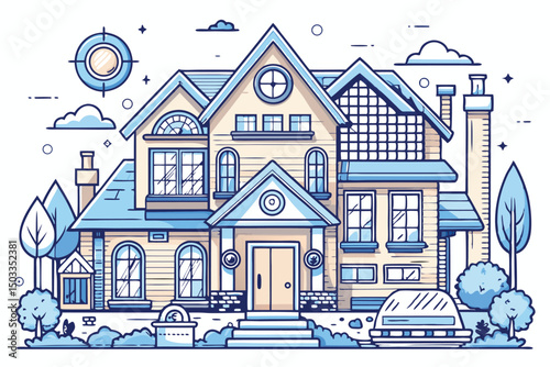 Modern Family Home Exterior Line Art Illustration