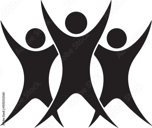 Illustration of three stylized figures with outstretched arms symbolizing community, teamwork, and unity. The black silhouettes contrast sharply, creating a visually impactful