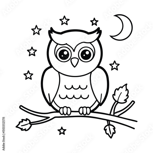 cute cartoon owl on branch at night coloring book page 