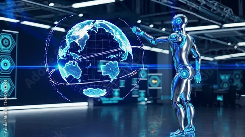 Advanced AI Robot Observing Holographic Earth with Digital Network Connections in Futuristic Industrial Technology Hub