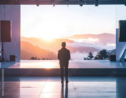 Person standing in front of scenic sunset with mountain view in modern indoor setting
