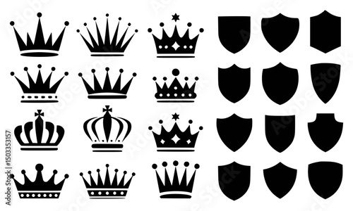 Collection of black crowns and shield silhouettes vector design elements