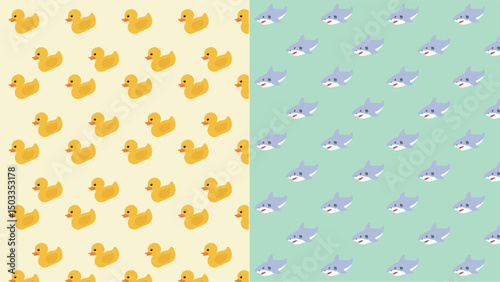 Patrón de patitos de hule y tiburón, vector, color