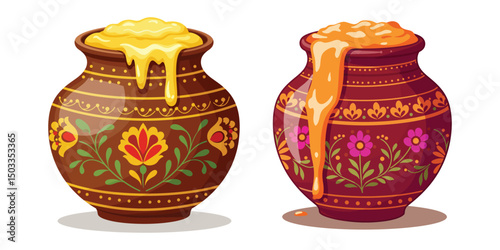 Krishna Janmashtami Matki Pot with Butter Overflow Vector Illustration .