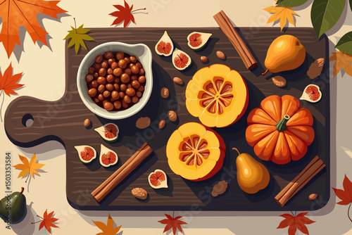 autumn harvest arrangement with pumpkins, figs, and nuts on wooden cutting board, seasonal colors and decor