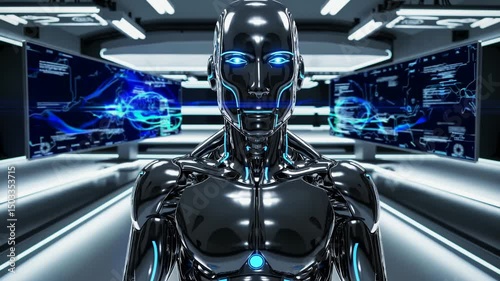 Futuristic AI Robot in High-Tech Laboratory with Holographic Data Interfaces and Neural Network Displays - Sci-Fi Technology Concept